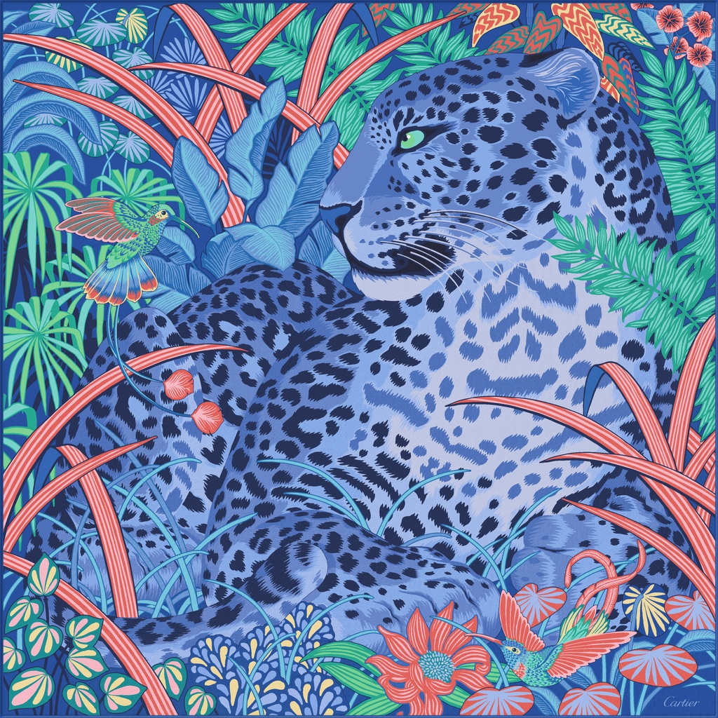 Pañuelo cuadrado 90 Panther in the JungleTwill de seda azul