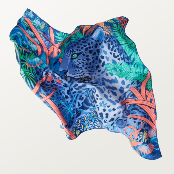 Panther in the Jungle motif square 90 Blue silk twill