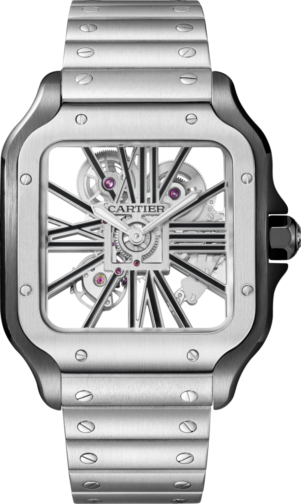 Reloj Santos de CartierTamaño grande, movimiento mecánico de cuerda manual, acero, brazalete de metal y correa de piel intercambiables