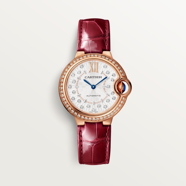 Reloj Ballon Bleu de Cartier 33 mm, movimiento mecánico de carga automática, oro rosa, diamantes, piel.