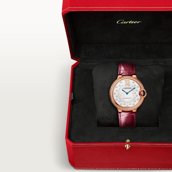 Reloj Ballon Bleu de Cartier 36 mm, movimiento mecánico de carga automática, oro rosa, diamantes, piel