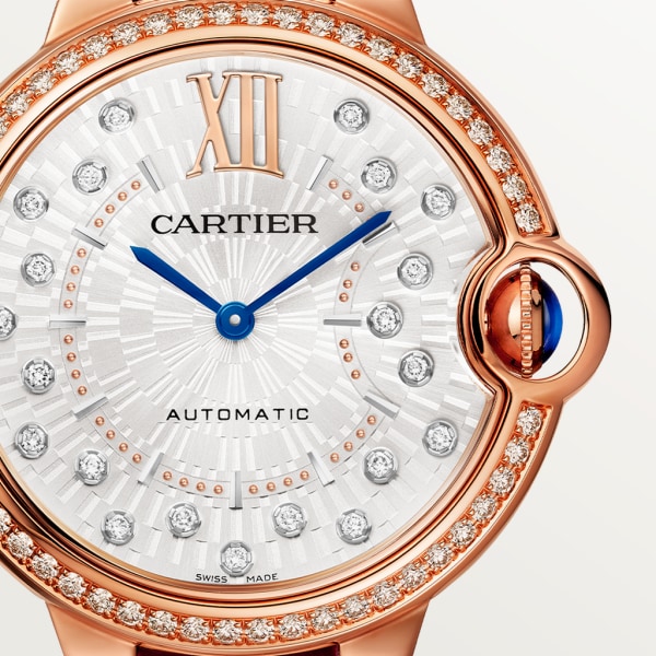 Reloj Ballon Bleu de Cartier 36 mm, movimiento mecánico de carga automática, oro rosa, diamantes, piel