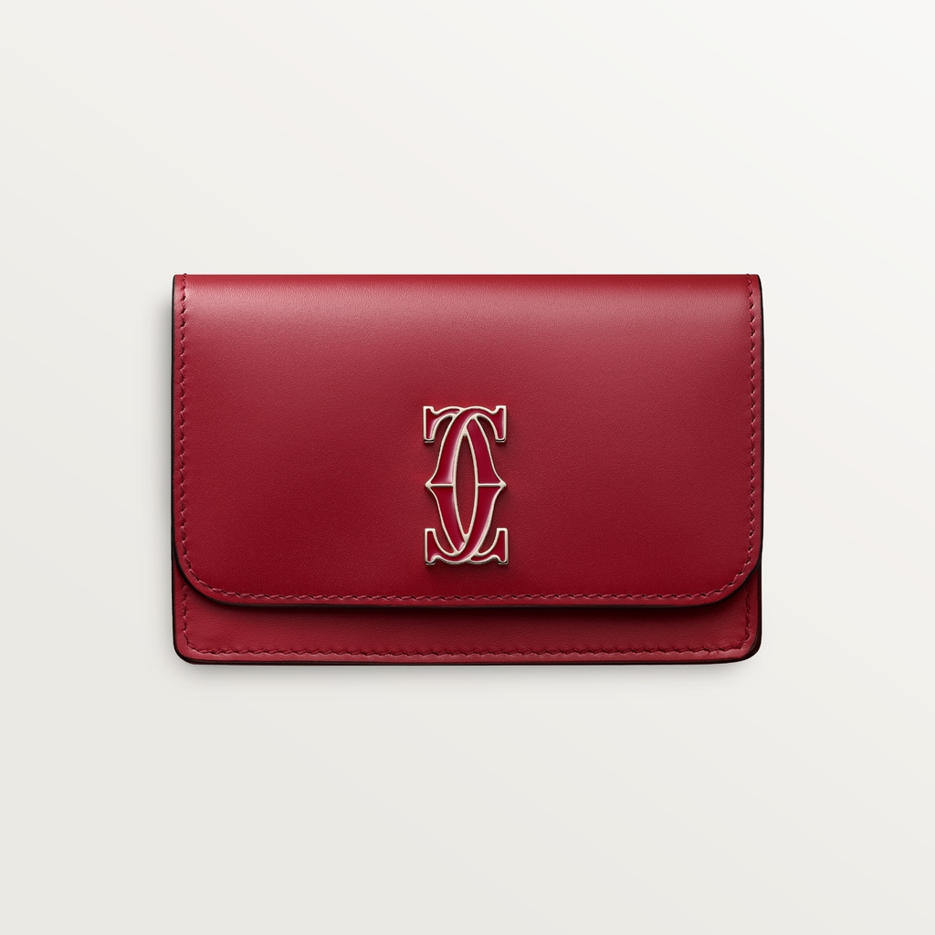 Multi-card holder with flap, C de CartierCherry red calfskin, golden finish and cherry red enamel