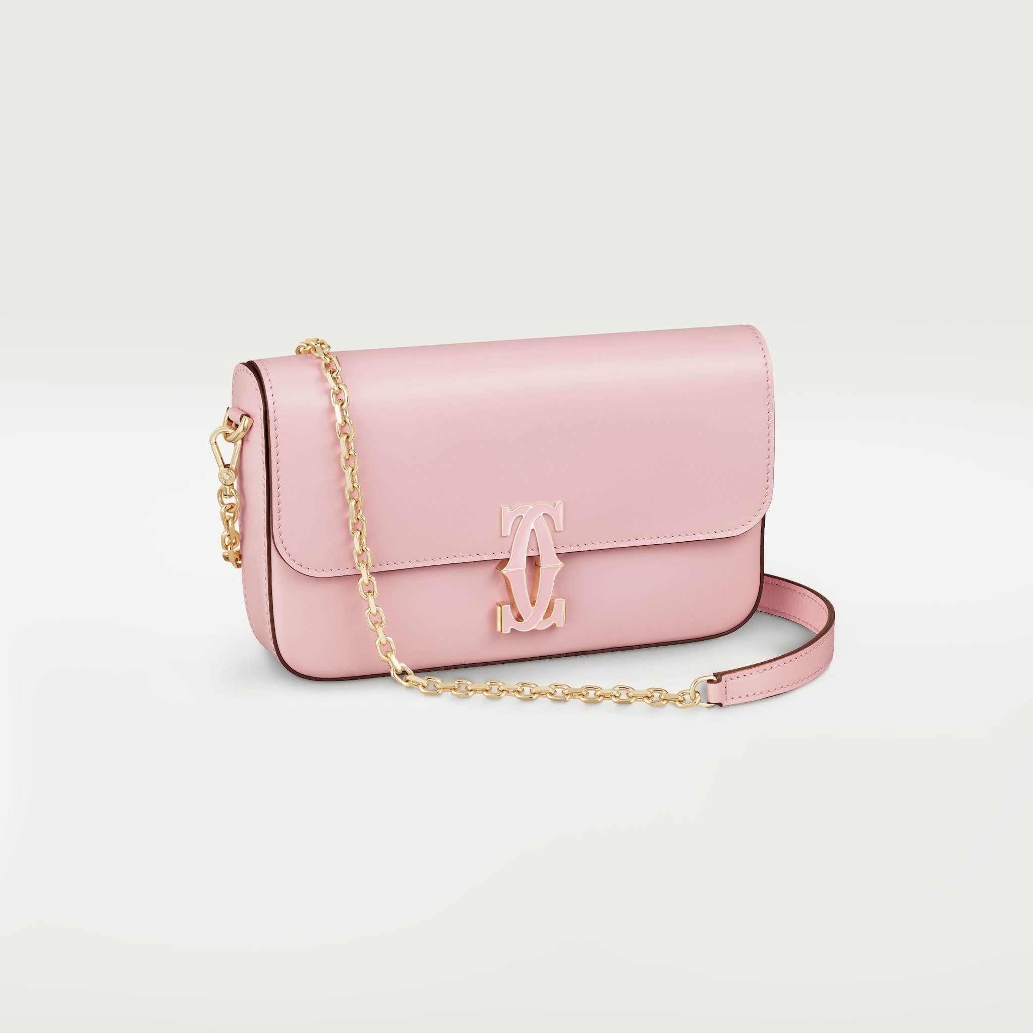 Mini chain bag, C de CartierPale pink calfskin, golden and pale pink enamel finish