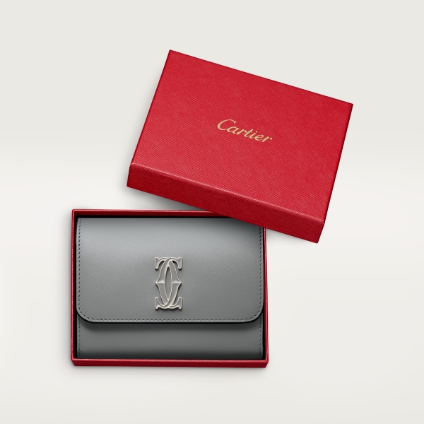 Mini wallet, C de Cartier Grey calfskin, grey enamel and golden finish