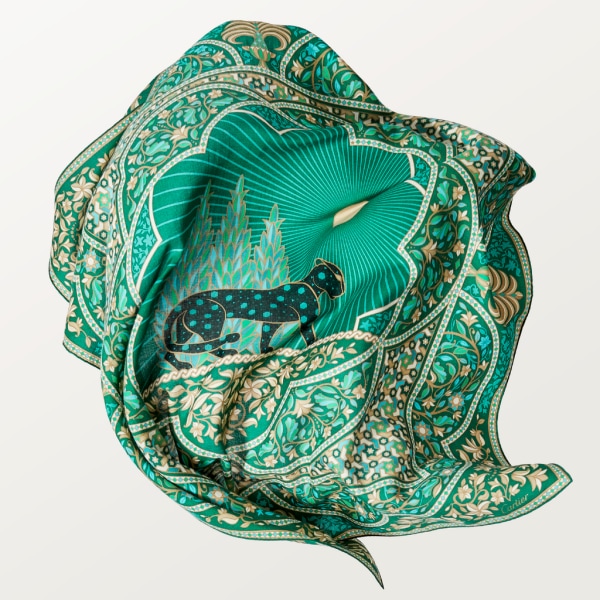 Panthère Arabesques 140 cm shawl Green silk and cashmere