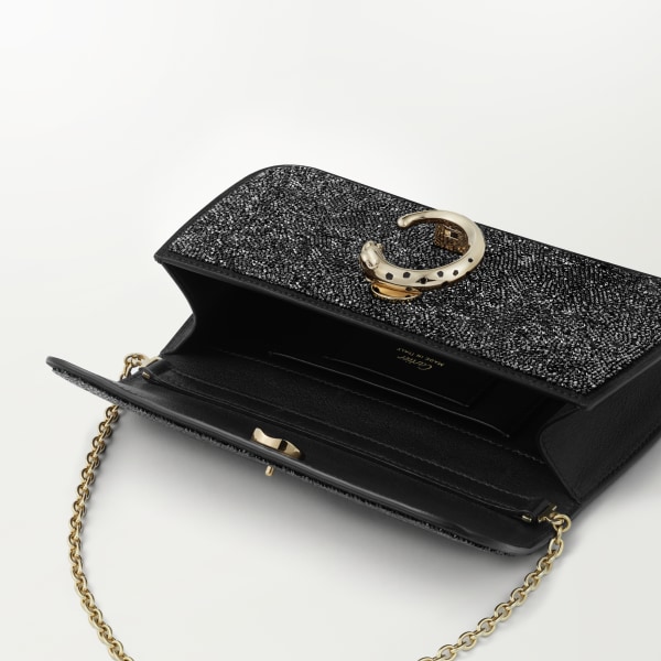 Chain bag mini, Panthère de Cartier Black glass beads, fabric, golden finish and black enamel