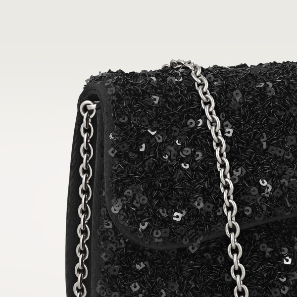 Bolso de cadena tamaño mini, Panthère de Cartier Lentejuelas negras sobre nailon ECONYL® reciclado, acabado paladio y esmalte negro