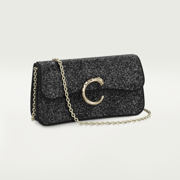 Chain bag mini, Panthère de Cartier Black glass beads, fabric, golden finish and black enamel