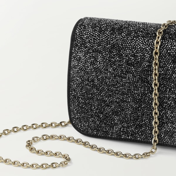 Chain bag mini, Panthère de Cartier Black glass beads, fabric, golden finish and black enamel