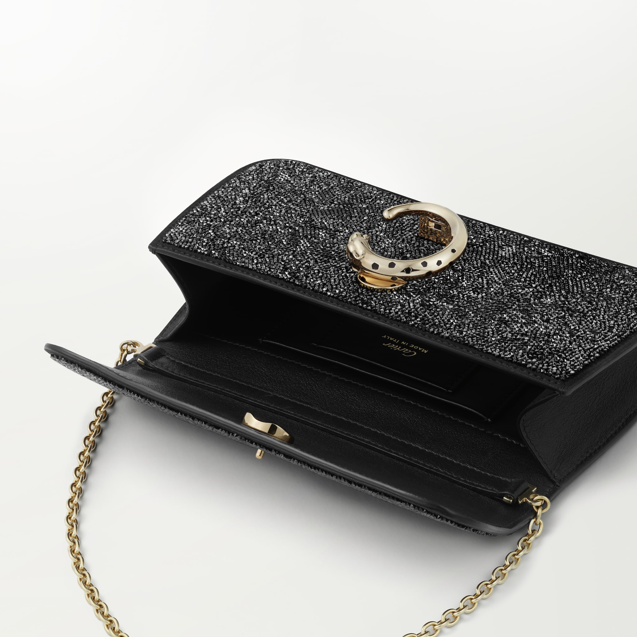 Chain bag mini, Panthère de CartierBlack glass beads, fabric, golden finish and black enamel