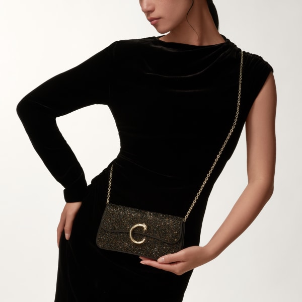 Chain bag mini, Panthère de Cartier Black glass beads, fabric, golden finish and black enamel