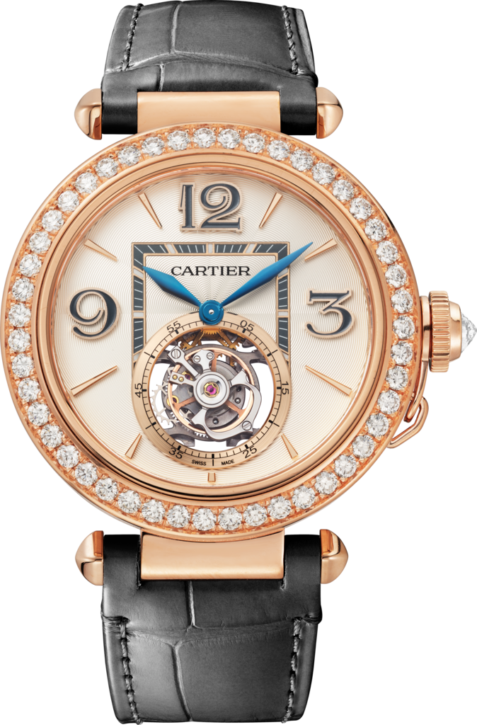 Reloj Pasha de Cartier41 mm, movimiento mecánico de cuerda manual, oro rosa, diamantes, 2 correas de piel intercambiables