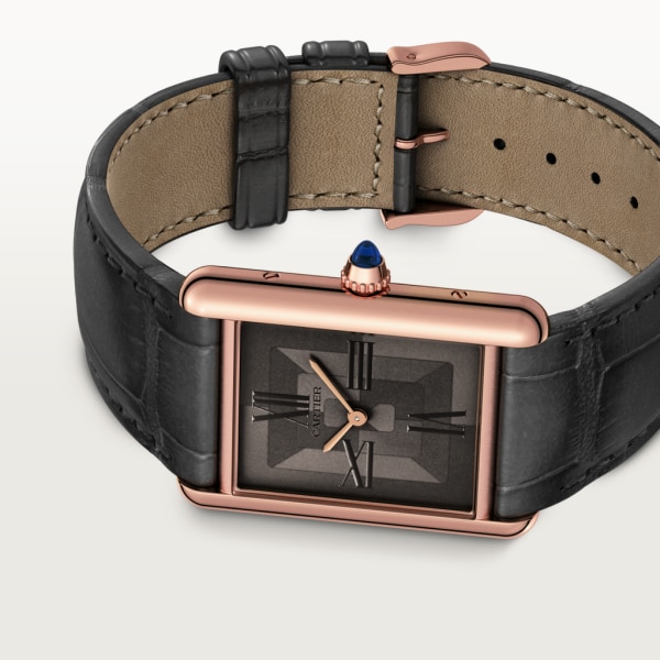 Tank Louis Cartier watch Large model, hand-wound mechanical movement, rose gold, leather