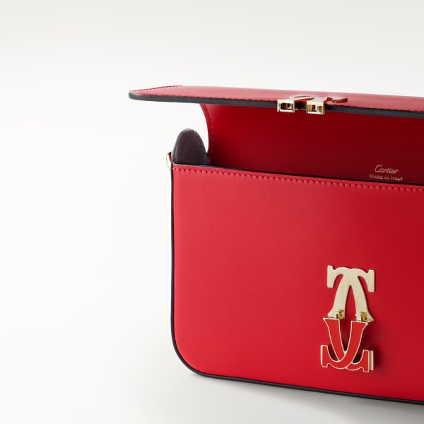 Mini model chain bag, C de Cartier Red calfskin, golden finish and red enamel