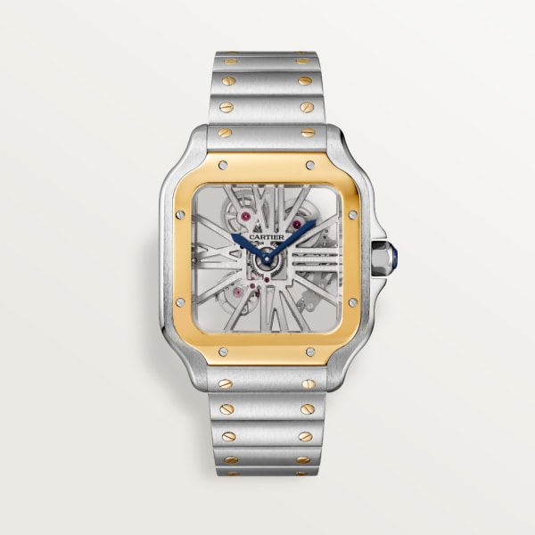 Reloj Santos de Cartier Tamaño grande, movimiento mecánico de cuerda manual, oro amarillo, acero, piel