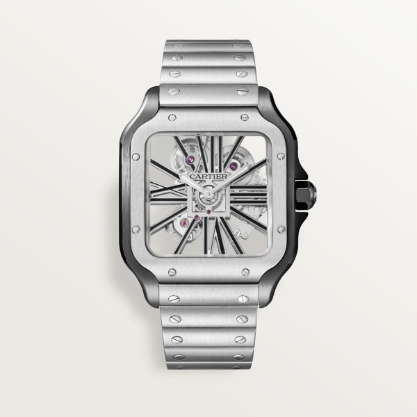 Reloj Santos de Cartier Tamaño grande, movimiento mecánico de cuerda manual, acero, brazalete de metal y correa de piel intercambiables