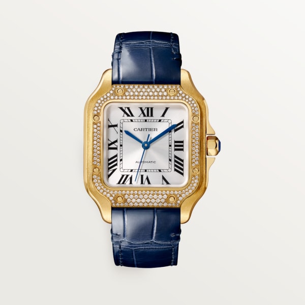 Montre Santos de Cartier Moyen modèle, mouvement automatique, or jaune, diamants, 2 bracelets cuir interchangeables