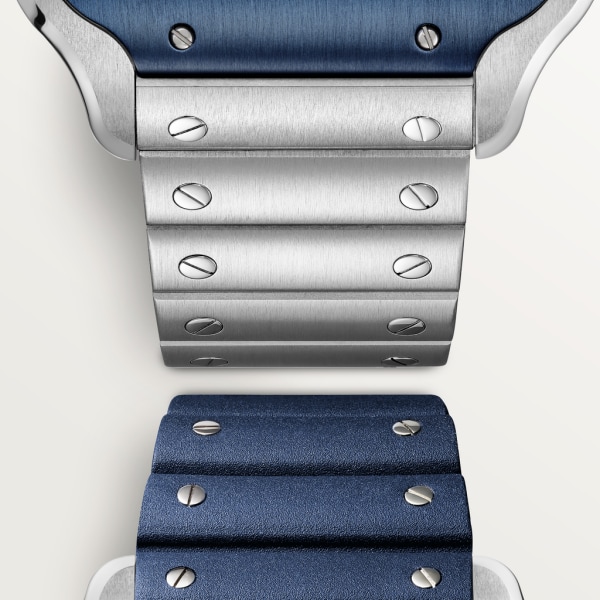 Reloj Santos de Cartier Tamaño grande, movimiento mecánico de cuerda manual, acero, brazalete de metal y correa de caucho intercambiables