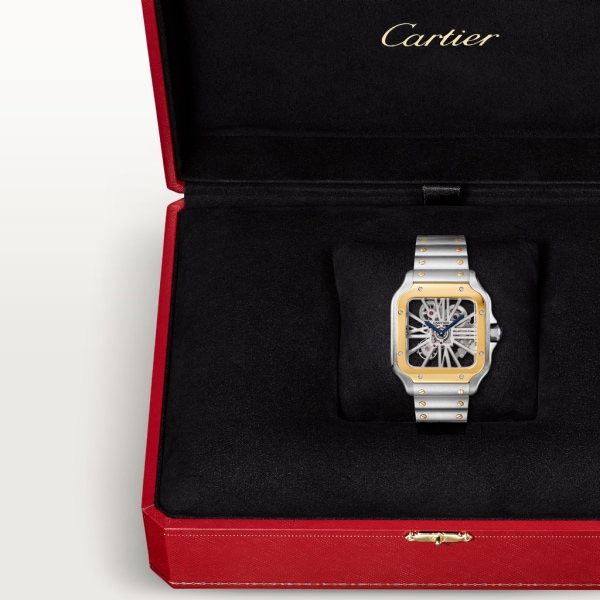 Reloj Santos de Cartier Tamaño grande, movimiento mecánico de cuerda manual, oro amarillo, acero, piel