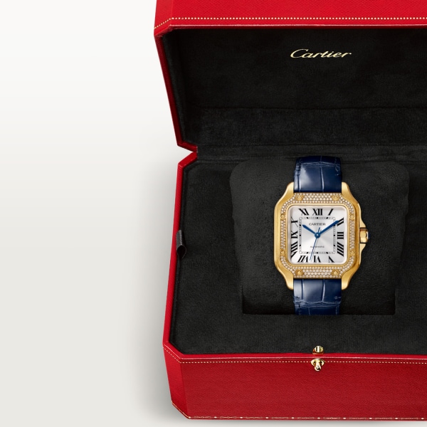 Reloj Santos de Cartier Tamaño mediano, movimiento automático, oro amarillo, diamantes, dos correas de piel intercambiables