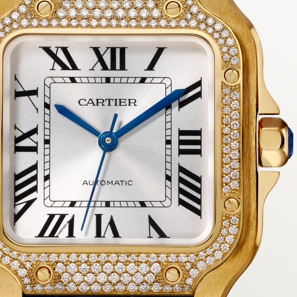 Santos de Cartier Mittleres Modell, Automatikwerk, Gelbgold, Diamanten, zwei austauschbare Lederarmbänder