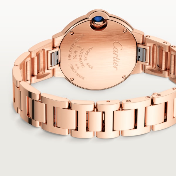 Reloj Ballon Bleu de Cartier 33 mm, movimiento mecánico de carga automática, oro rosa, diamantes.
