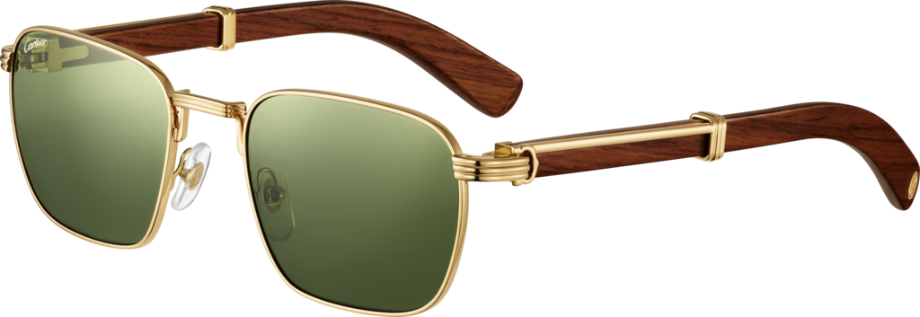 Première de Cartier SunglassesBrown wood, smooth golden-finish, green lenses
