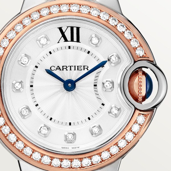 Montre Ballon Bleu de Cartier 28mm, mouvement quartz, or rose, acier, diamants
