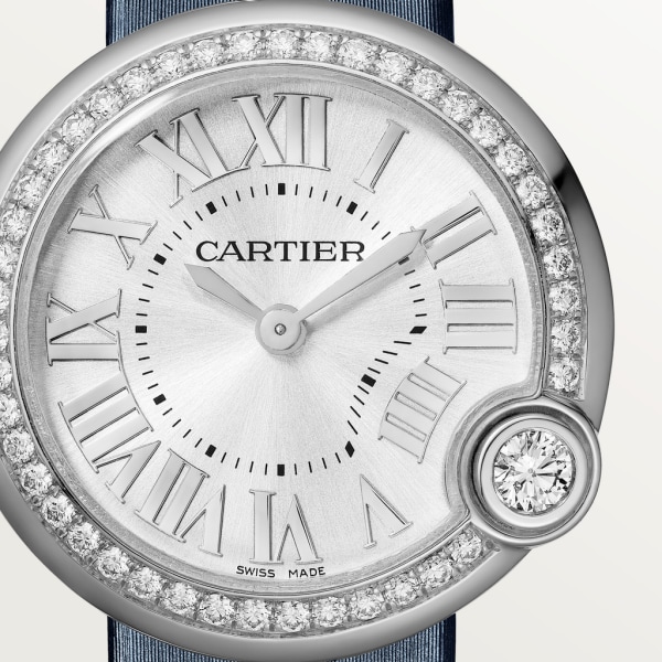 Montre Ballon Blanc de Cartier 30mm, mouvement quartz, acier, diamants, cuir