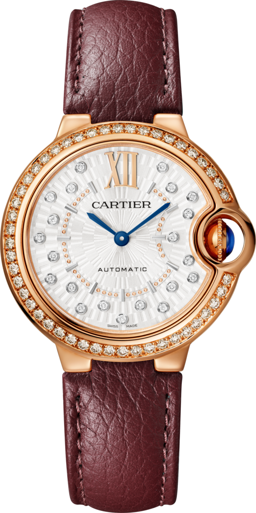 Reloj Ballon Bleu de Cartier33 mm, movimiento mecánico de carga automática, oro rosa, diamantes, piel.
