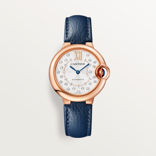 Reloj Ballon Bleu de Cartier 33 mm, movimiento mecánico de carga automática, oro rosa, diamantes, piel.
