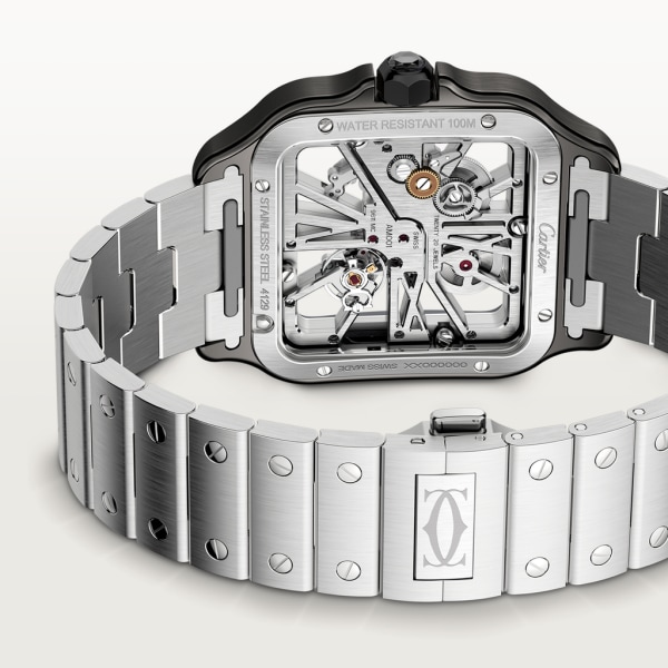 Reloj Santos de Cartier Tamaño grande, movimiento mecánico de cuerda manual, acero, brazalete de metal y correa de piel intercambiables