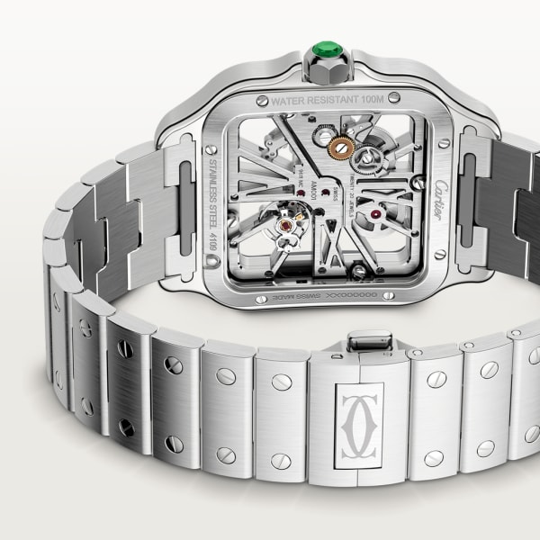 Reloj Santos de Cartier Tamaño grande, movimiento mecánico manual, acero, brazalete de metal y correa de piel intercambiables