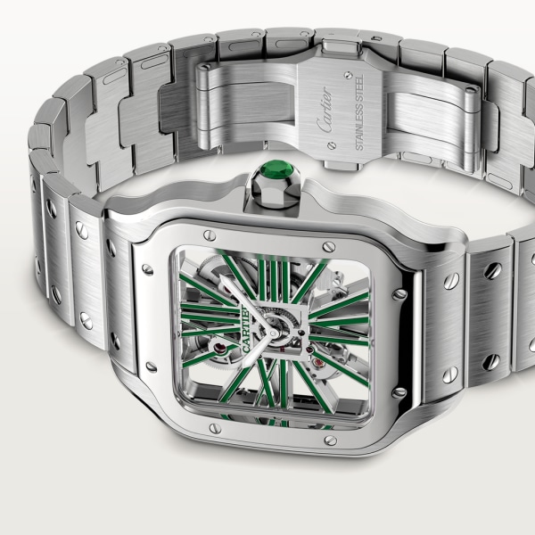 Reloj Santos de Cartier Tamaño grande, movimiento mecánico manual, acero, brazalete de metal y correa de piel intercambiables