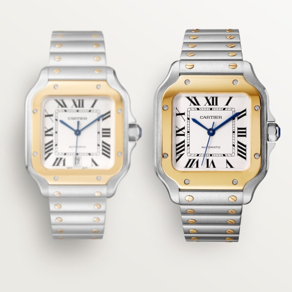 Reloj Santos de Cartier Tamaño grande, movimiento automático, oro amarillo, acero, brazalete de metal y correa de piel intercambiables