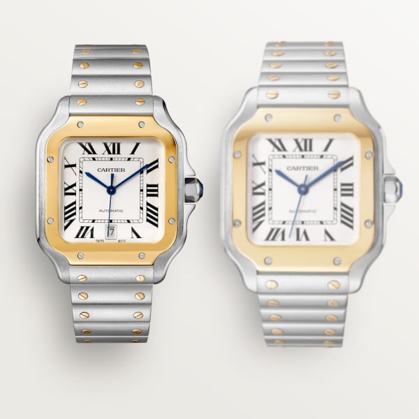 Reloj Santos de Cartier Tamaño mediano, movimiento automático, oro amarillo, acero, brazalete de metal y correa de piel intercambiables