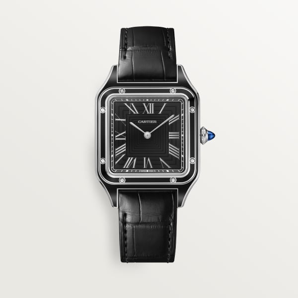 Reloj Santos-Dumont Tamaño grande, movimiento mecánico de cuerda manual, acero, laca, piel