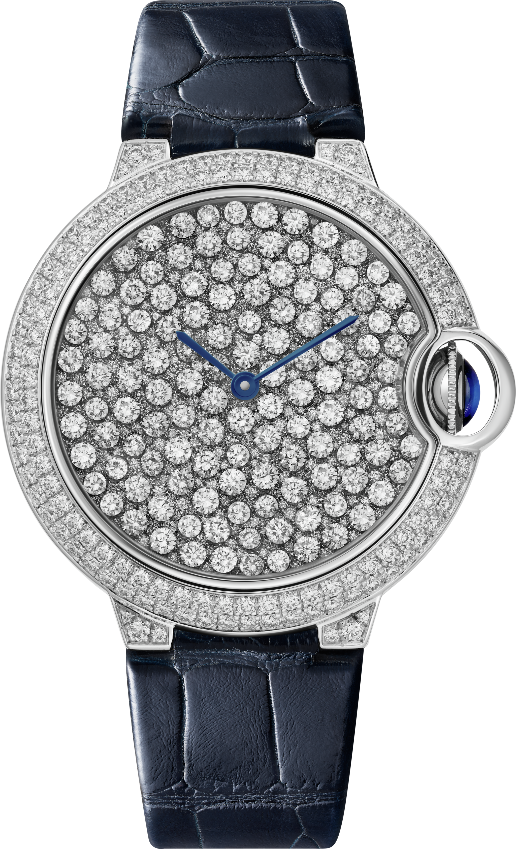 Reloj Ballon Bleu de Cartier37 mm, movimiento mecánico automático, oro blanco, diamantes, correa de piel de aligátor