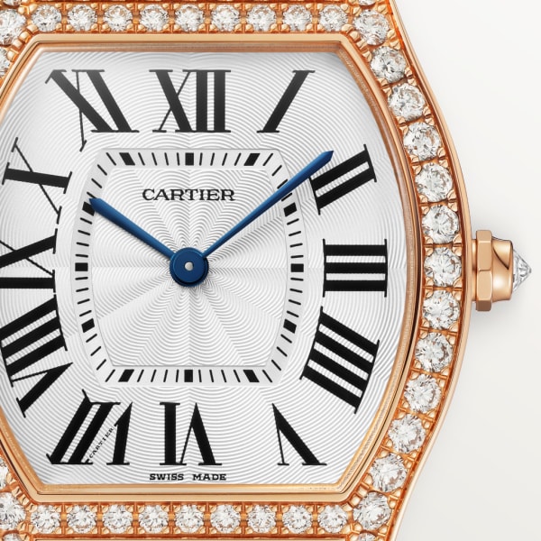 Reloj Tortue Tamaño mediano, movimiento mecánico de cuerda manual, oro rosa, diamantes