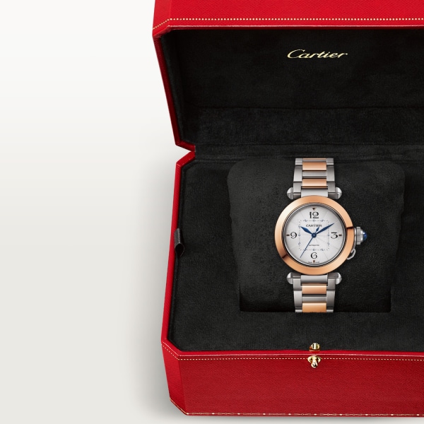 Reloj Pasha de Cartier 35 mm, movimiento automático, oro rosa y acero, brazalete de metal y correa de piel intercambiables