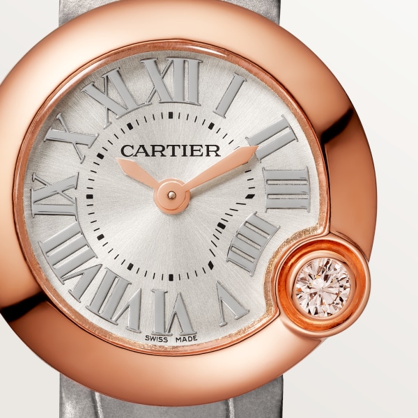 Montre Ballon Blanc de Cartier 26mm, mouvement quartz, or rose, diamant, cuir