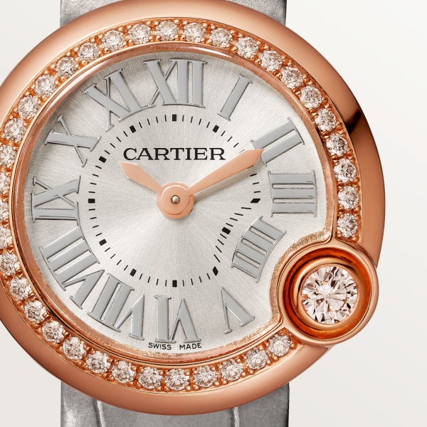 Montre Ballon Blanc de Cartier 26mm, mouvement quartz, or rose, diamants, cuir