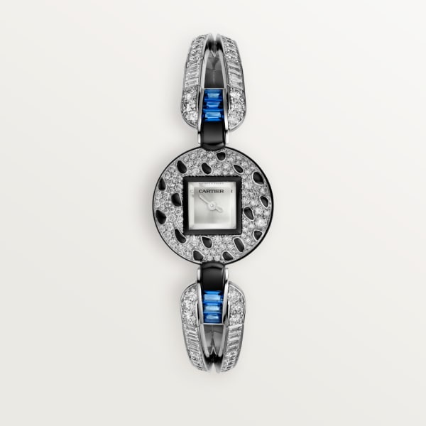 Panthère Jewellery Watches 21.66 mm, quartz movement, white gold, diamonds, sapphires, onyx