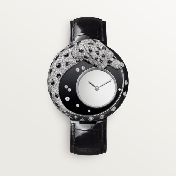Reloj Joaillère Panthère 40 mm, movimiento mecánico de cuerda manual, oro blanco, laca, diamantes, piel