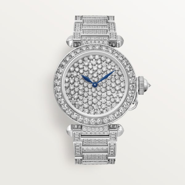 Pasha de Cartier Serti Vibrant watch 35 mm, rhodium-finish white gold, diamonds