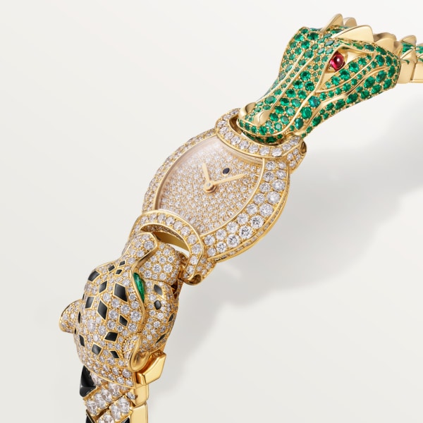 Reloj Indomptables de Cartier 22,2 mm, movimiento de cuarzo, oro amarillo, diamantes, esmeraldas, rubíes, espinelas, brazalete de metal
