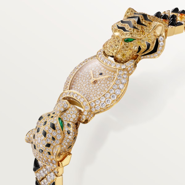 Reloj Indomptables de Cartier 22,2 mm, movimiento de cuarzo, oro amarillo, diamantes, zafiros, esmeraldas, espesartinas, ónix, brazalete de metal