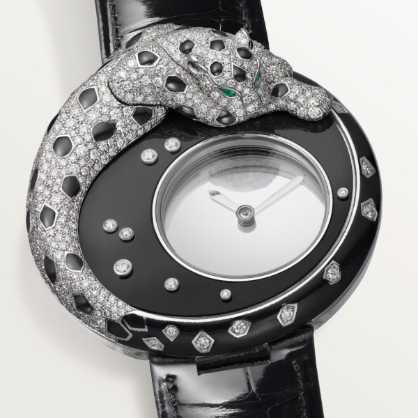 Panthère Jewellery Watches 40mm, hand-wound mechanical movement, white gold, lacquer, diamonds, leather