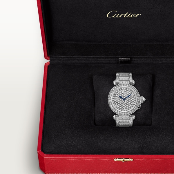 Pasha de Cartier Serti Vibrant watch 35 mm, rhodium-finish white gold, diamonds
